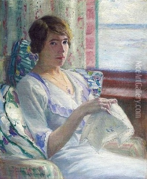 Femme A La Broderie Oil Painting - Frank Milton Armington