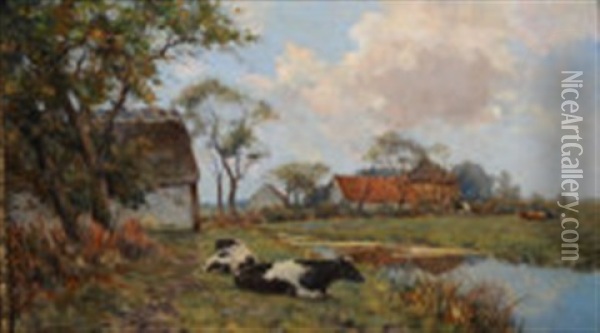 A Farm Landscape With Cows Oil Painting - Gerard Altmann