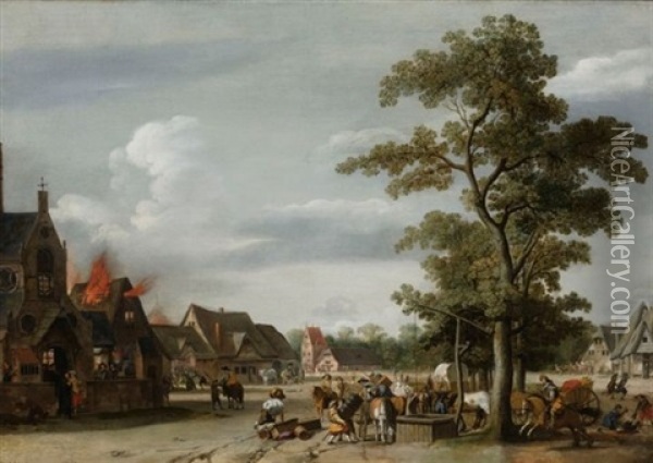 Soldiers Plundering A Village With Horse-drawn Wagons Near A Draw-well In The Forground And Houses Burning On The Left Oil Painting - Pieter Jansz Post