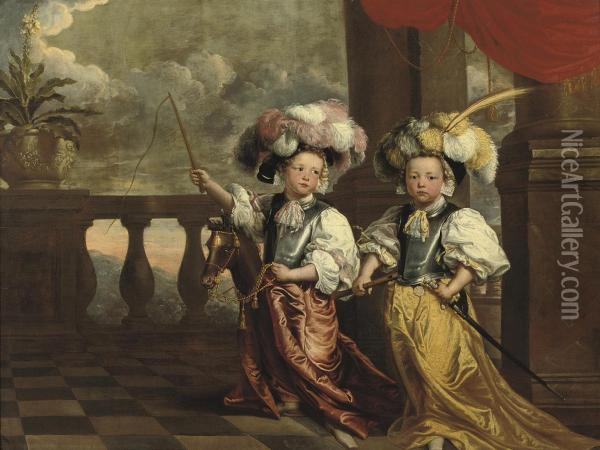 A Double Portrait Of Two Boys, Full-length, Dressed As Knights, One Holding A Flute, The Other On A Hobby-horse Holding A Whip, Both Standing On A Balcony Oil Painting - Vergouwen Johanna
