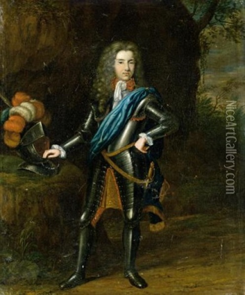 Portrait Of A Nobleman (willem Baron Van Lier?) Wearing Armour, Resting His Hand On His Helmet, Standing In A Landscape Oil Painting - Johannes Carre