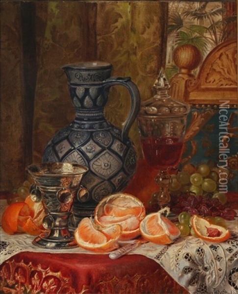 Still Life With Fruit And Wine On A Table Oil Painting - Sophus Petersen