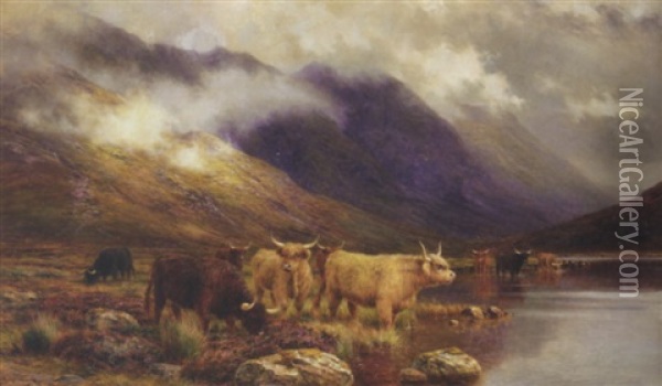 In Glencoe - The Hills Grow Dark: On Purple Peaks, A Deeper Shade Descending Oil Painting - Louis Bosworth Hurt