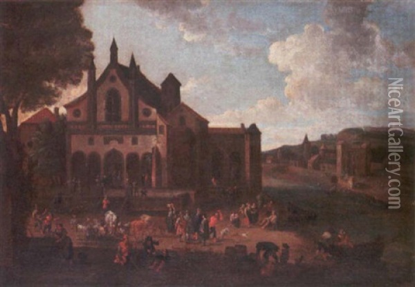 Numerous Figures In A Town Square Beside A River Oil Painting - Mathys Schoevaerdts