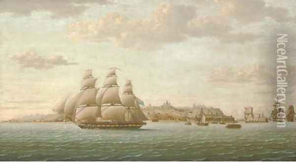 Captain Lord Cochrane's frigate Pallas leaving the Tagus under full sail, the city of Lisbon beyond and the Belem Tower receding astern Oil Painting - Thomas Buttersworth