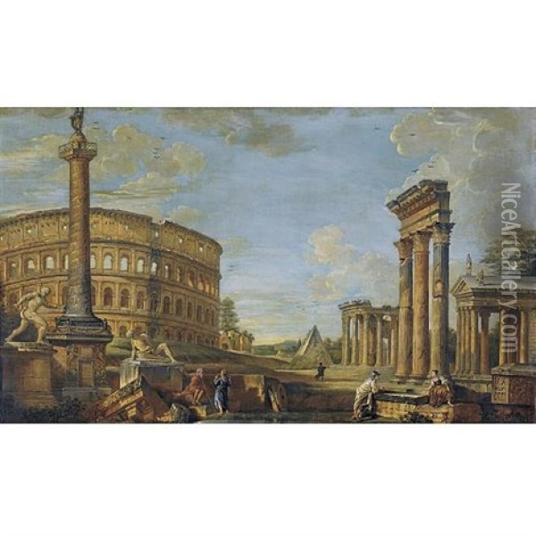 Capriccio Of Roman Ruins With Belisarius Begging For Alms, The Borghese Gladiator, The Dying Gaul, The Colosseum, Trajan's Column And The Temples Of Castor And Pollux, Fortuna Virilis And Vesta Oil Painting - Giovanni Paolo Panini