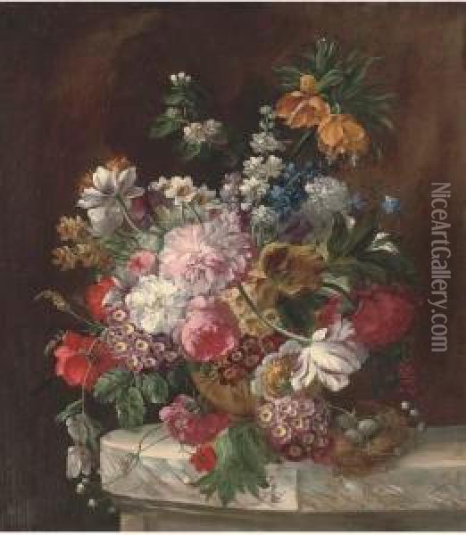 Roses, Tulips, Chrysanthemums, 
Narcissae And Other Summers Bloomsin An Urn By A Bird's Nest On A Marble
 Ledge Oil Painting - Franz Xaver Petter