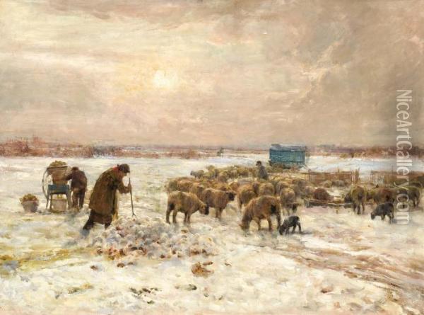 Shepherds And Their Flock In Winter Oil Painting - Claude Hayes