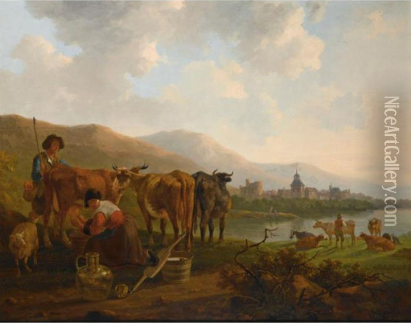 A River Landscape With A 
Shepherd And His Cattle Together With A Milkmaid Milking A Cow, A Town 
Beyond Oil Painting - Jacob Van Stry