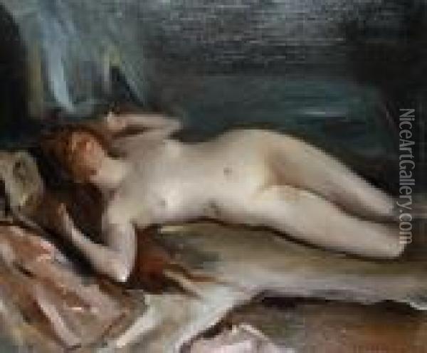 A Nude Reclining On A Bed Oil Painting - Albert De Belleroche