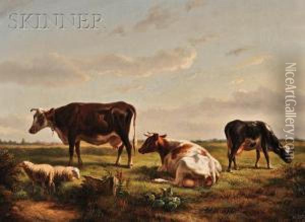 View Of Cows And Sheep At Pasture Oil Painting - Jacobus Nicolaas Tjarda Van Stachouwer