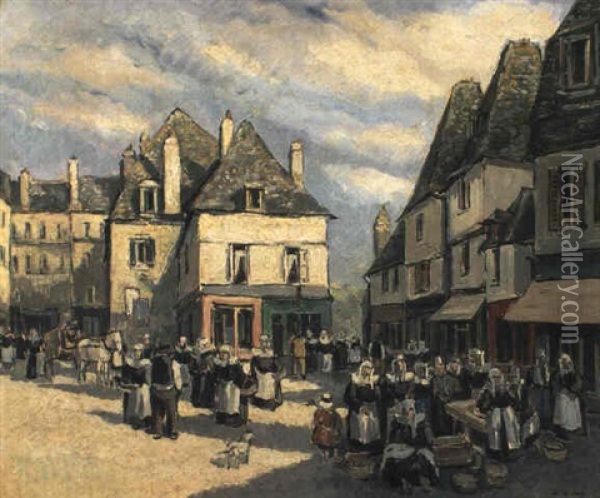 Quimper: La Place Ter Au Duc Oil Painting - Pierre De Belay