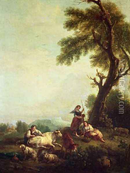 Landscape with Peasants Watching a Herd of Cattle Oil Painting - Francesco Zuccarelli