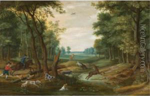 A Stag Hunt Oil Painting - Isaak van Oosten