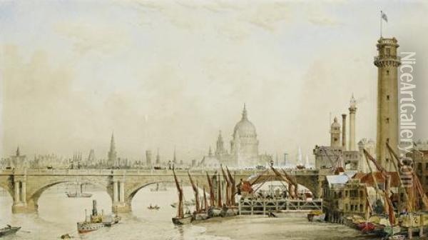 The South Shore Of The Thames In London, Looking Across Waterloo Bridge Towards St Pauls Oil Painting - James Kelaway Colling