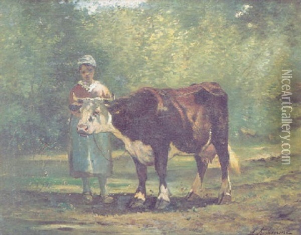 Campesina Con Vaca Oil Painting - Emile Charles Julien de la Rochenoire