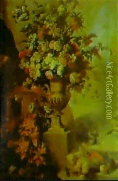 Bouquet De Fleurs Dans Un Vase En Bronze Dore, Sur Fond     D'architecture, Des Fruits Et Une Cassolette... Oil Painting - Jean-Baptiste Monnoyer