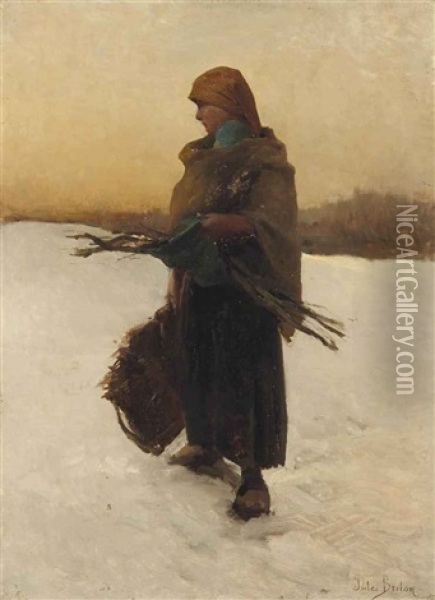 Ramasseuse De Fagots Et Son Enfant Dans La Neige Oil Painting - Jules Breton