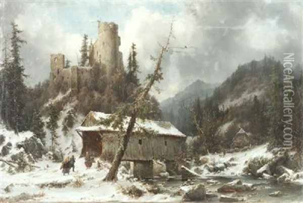 Die Burgruine Frauenstein Im Winter Oil Painting - Julius Karl von Leypold