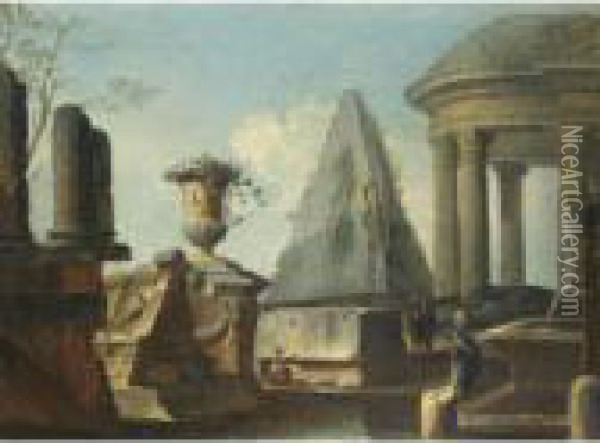 Capriccio Architettonico Con Figure E Piramide Sul Fondo Oil Painting - Giovanni Niccolo Servandoni