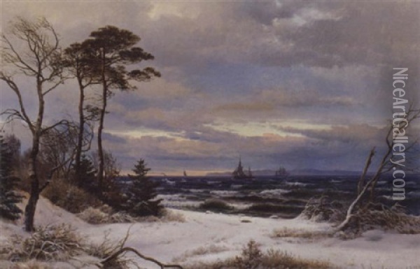 Nordsjaellandsk Kystparti Med Udsigt Mod Svenskekysten, Vinter Oil Painting - Anders Andersen-Lundby