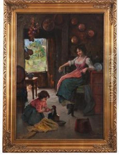 Interior Med Mor Og Lekende Barn Oil Painting - Rudolph Jelinek