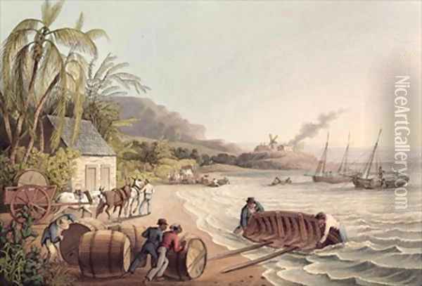 Loading Barrels of Rum and Sugar Antigua Oil Painting - William Clark