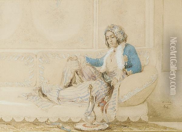 An Ottoman Maiden Reclining Smoking A Hookah Oil Painting - Amadeo Preziosi