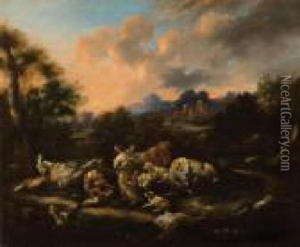 Pastori E Armenti In Un Paesaggio Oil Painting - Domenico Brandi
