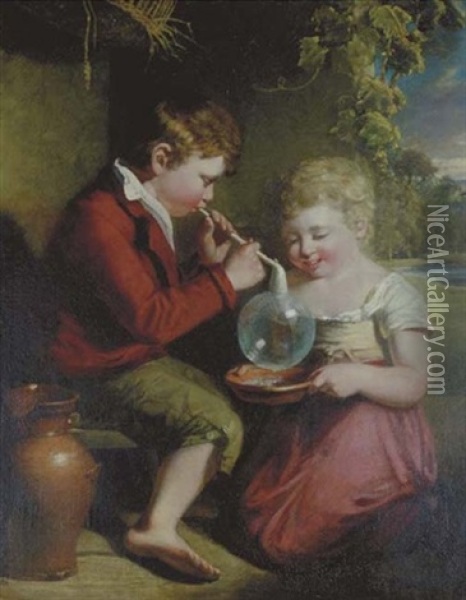 Children Blowing Bubbles Oil Painting - William Collins