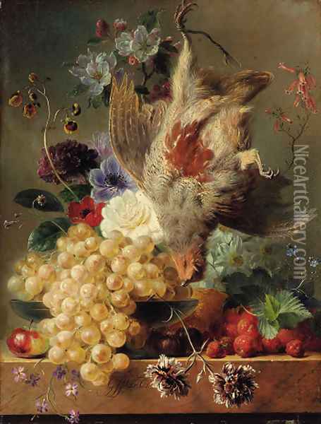 Grapes, strawberries, chestnuts, an apple and flowers with game on a marble ledge Oil Painting - George Jacobus Johannes Van Os