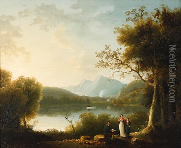 Three Figures By A Lake, With Several Figures In A Rowing Boat, Mountains Beyond Oil Painting - William Ashford