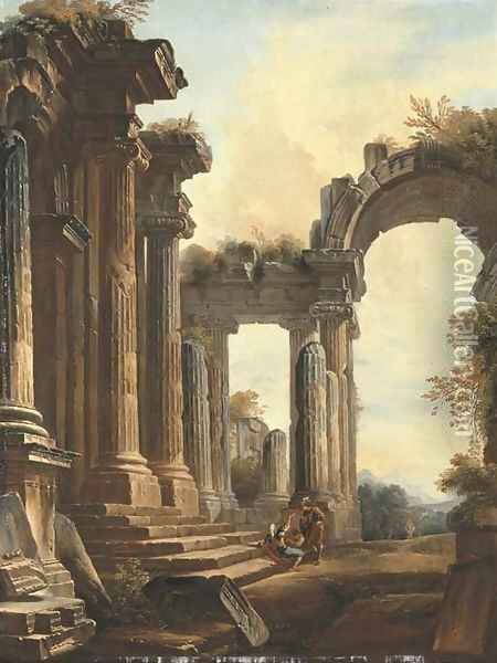 A capriccio of classical ruins with three men conversing at the steps of a temple, a landscape beyond Oil Painting - Hubert Robert