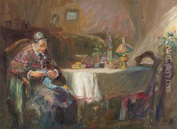 Woman Knitting. Oil Painting - Philippe Andreevitch Maliavine