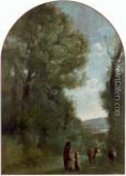 Allee Dans Le Bois De Ville-d'avray, En Vue De L'etang, Bucheronne Et Vachere Oil Painting - Jean-Baptiste-Camille Corot