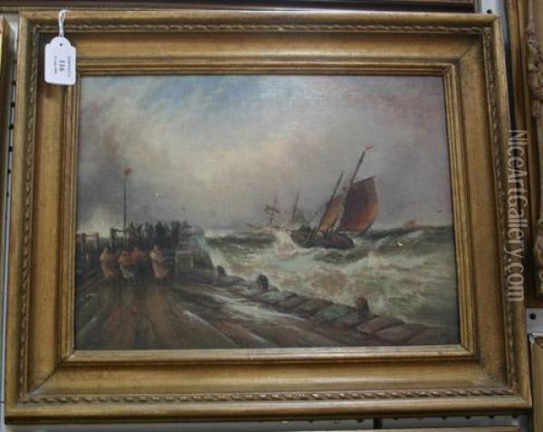Stormy Coastal Landscape With Figures On Aquay Oil Painting - George F. Ii Gregory
