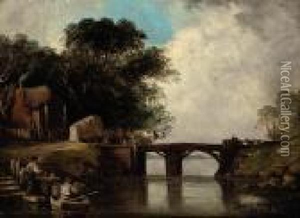 The Wooden Bridge Oil Painting - Sir Augustus Wall Callcott