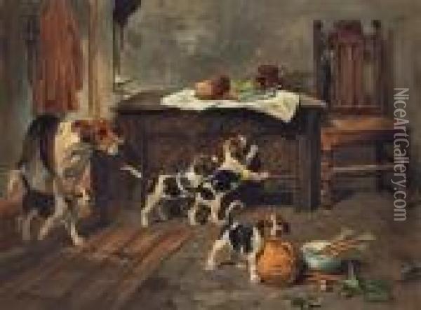 Hounds And Puppies In An Interior Oil Painting - John Emms