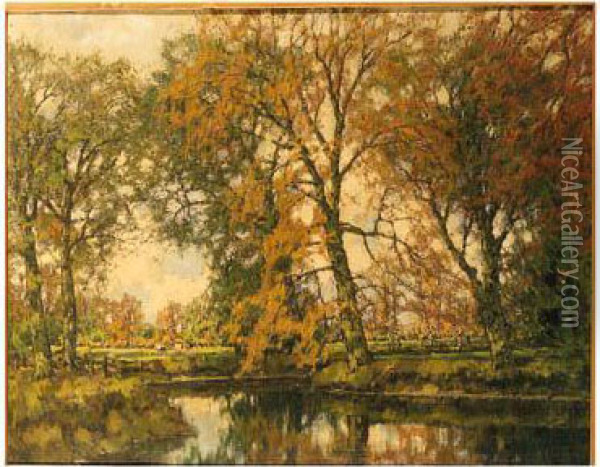 An Autumn Landscape With Cows Near A Stream Oil Painting - Arnold Marc Gorter