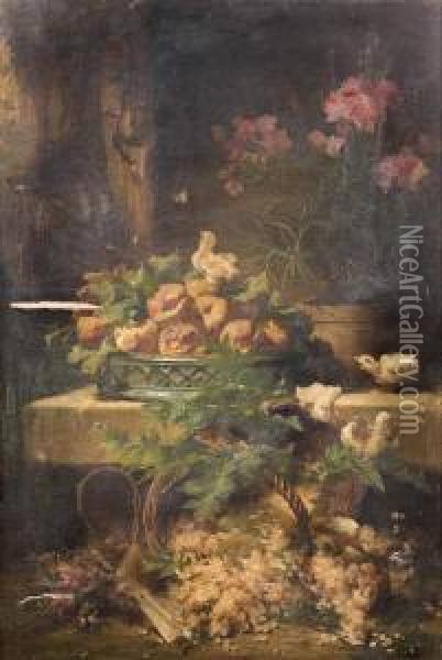 Nature Morte A La Corbeille De Fruits Et Paniers De Groseilles Jaunes, Animee De Poussin Oil Painting - Eugene Bidau