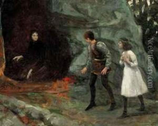 Young Children Approaching The Witch's Cave Oil Painting - William Henry Margetson