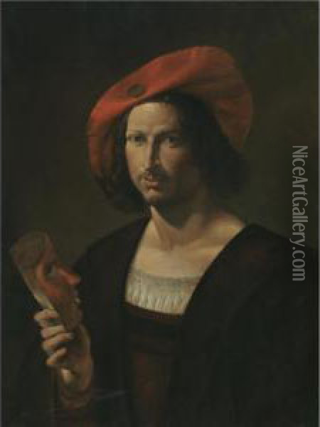 Portrait Of A Young Man, Half Length, Wearing A Wide-brimmed Red Hat And Holding A Mask Oil Painting - Pietro Paolini