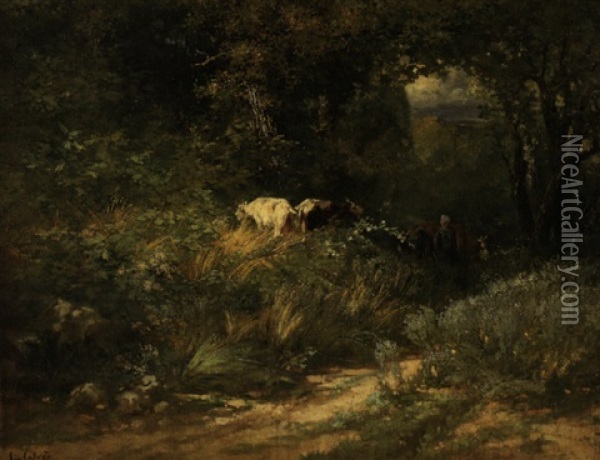 Hirtin Mit Vieh Im Untergeholz Oil Painting - Leon Georges Calves
