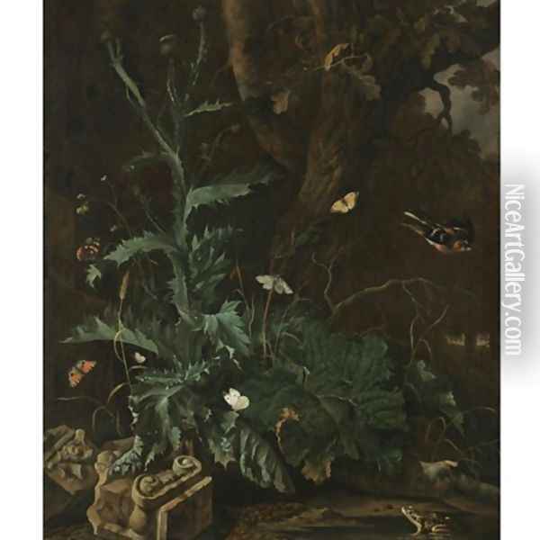 A forest floor with a thistle, the ruin of an Ionic Column, butterflies, a toad, and a songbird Oil Painting - Abraham Jansz Begeyn
