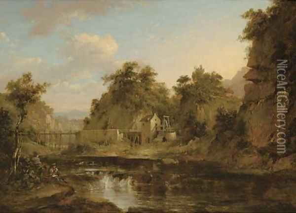 A river landscape with a watermill and an aquaduct, an artist sketching in the foreground Oil Painting - Alexander Nasmyth