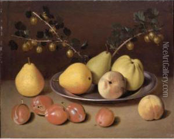 Still Life Of Pears, Apples And 
Gooseberries On A Platter Resting On A Ledge Scattered With Other Fruit Oil Painting - Jacob Samuel Beck