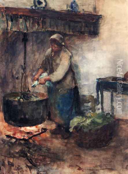 A Cottage Interior With A Peasant Woman Preparing Supper Oil Painting - Albert Neuhuys
