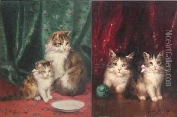 Two Kittens And A Ball Of Yarn; A Cat And Herkitten (a Pair) Oil Painting - Jules Leroy