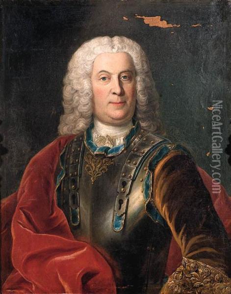 Portrait Of A Gentleman, Half-length In Brown Coat, A Breast Plateand A Crimson Wrap Oil Painting - Nicolas de Largillierre