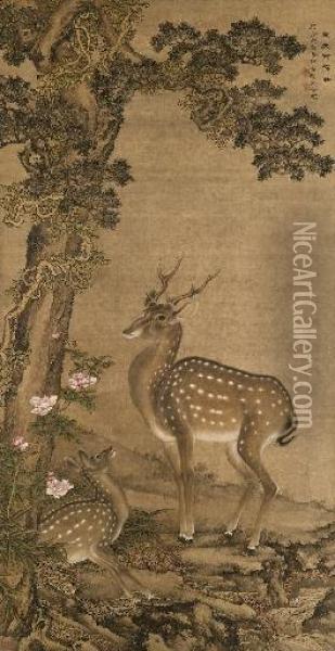 A Pair Of Deer Oil Painting - Shen Quan